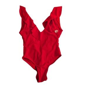 Chiara Ferragni Red Lips Ruffle Bodysuit Low back, Size S,‎ Designer Eyelash